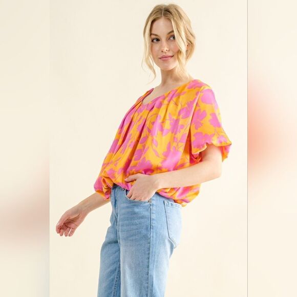 Full Size Printed Satin Bubble Hem Top - Picture 4 of 4